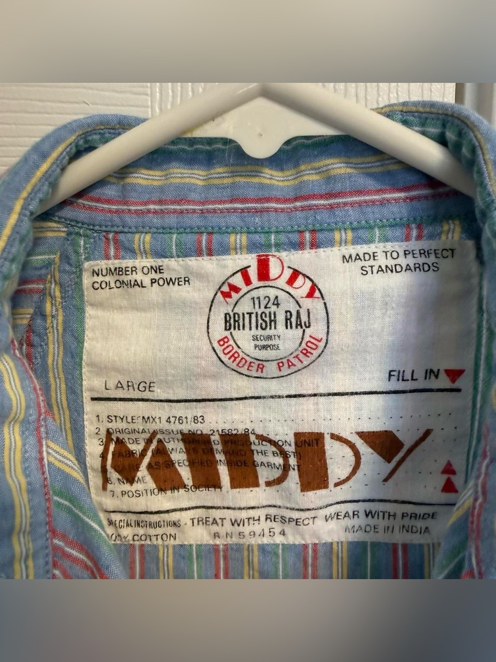 Vintage Middy British Raj blue yellow red green striped button up shirt retro - Picture 4 of 7